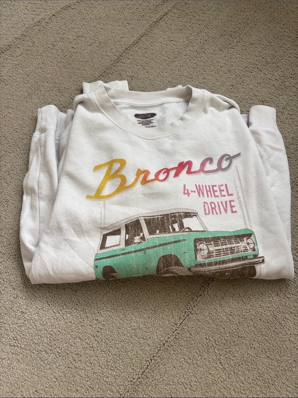 Ford White Crewneck Sweatshirt with Multicolor Bronco Graphic